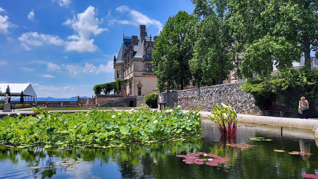 Water lily pools in the Italian Garden at Biltmore with the house behind