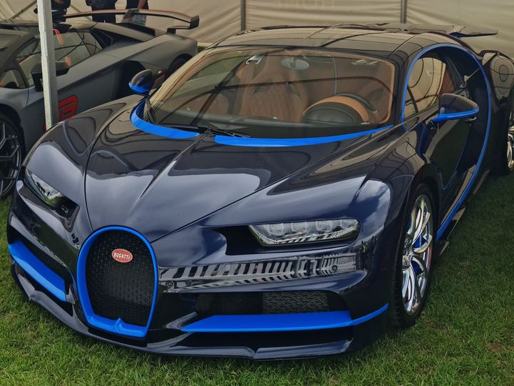 A two-tone blue Bugatti Chiron parked on grass at a car show