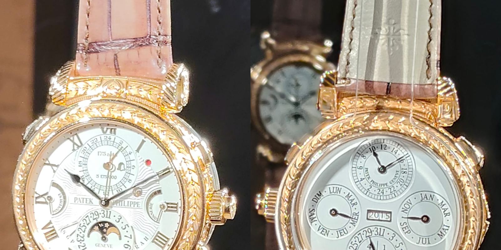 Two views of the rose gold Patek Philippe Grandmaster Chime 5175R showing its hand-engraved case and two different dials